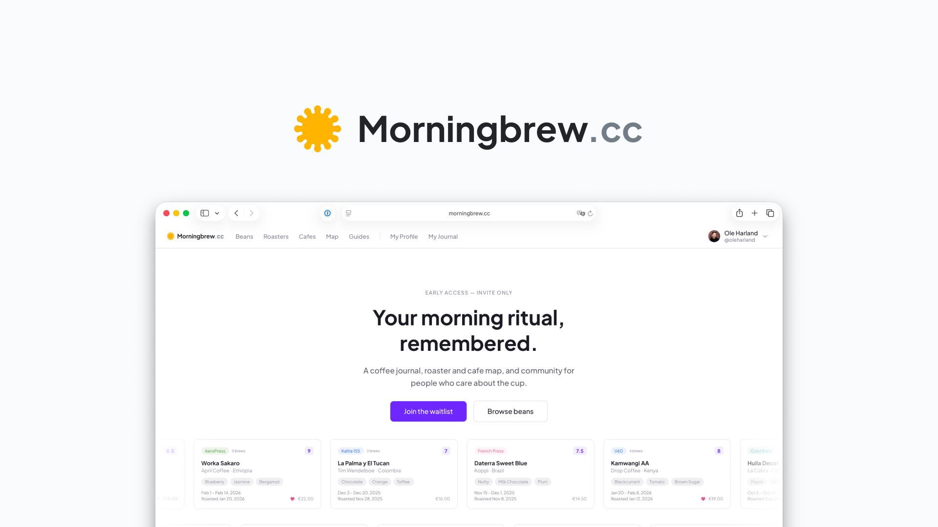 Morningbrew — A specialty coffee journal, roaster map, and community brew database — designed and built end-to-end.