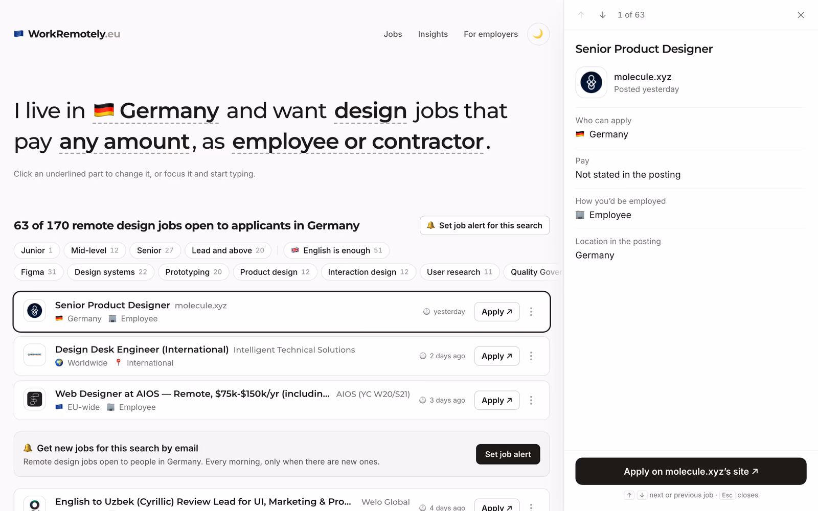 The desktop details panel open beside the job list: who can apply, pay, how you'd be employed, the location in the posting, and an Apply button for the employer's site
