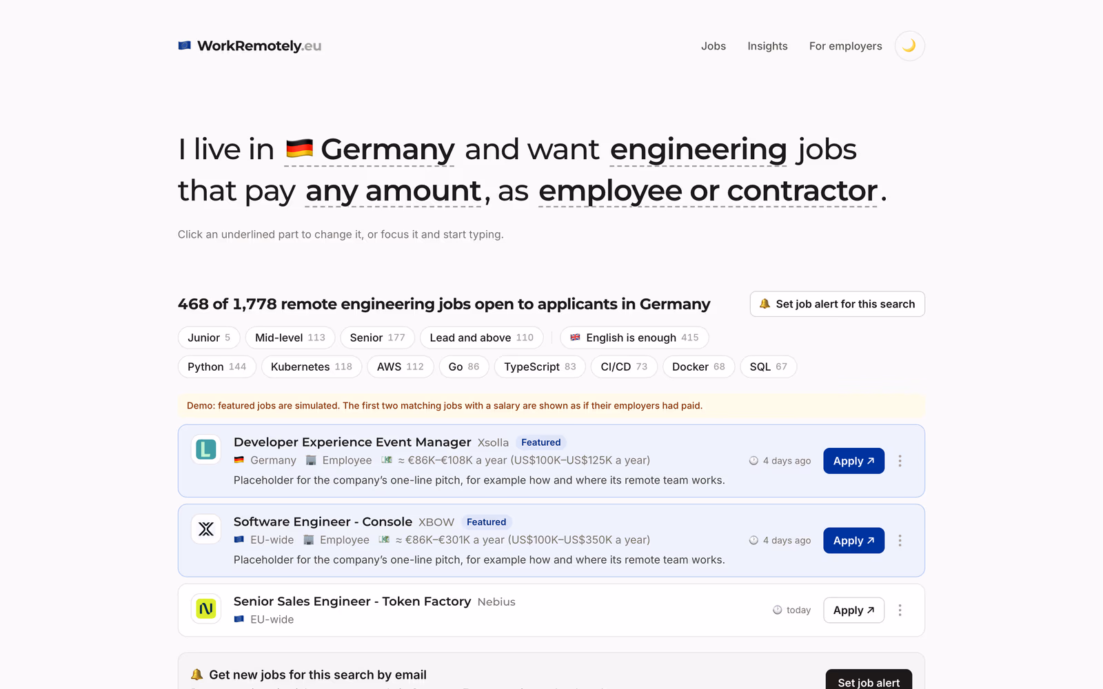 The featured jobs demo: two jobs on a soft blue tint with a blue Apply button and a Featured label, above a normal job with a quiet outline Apply button
