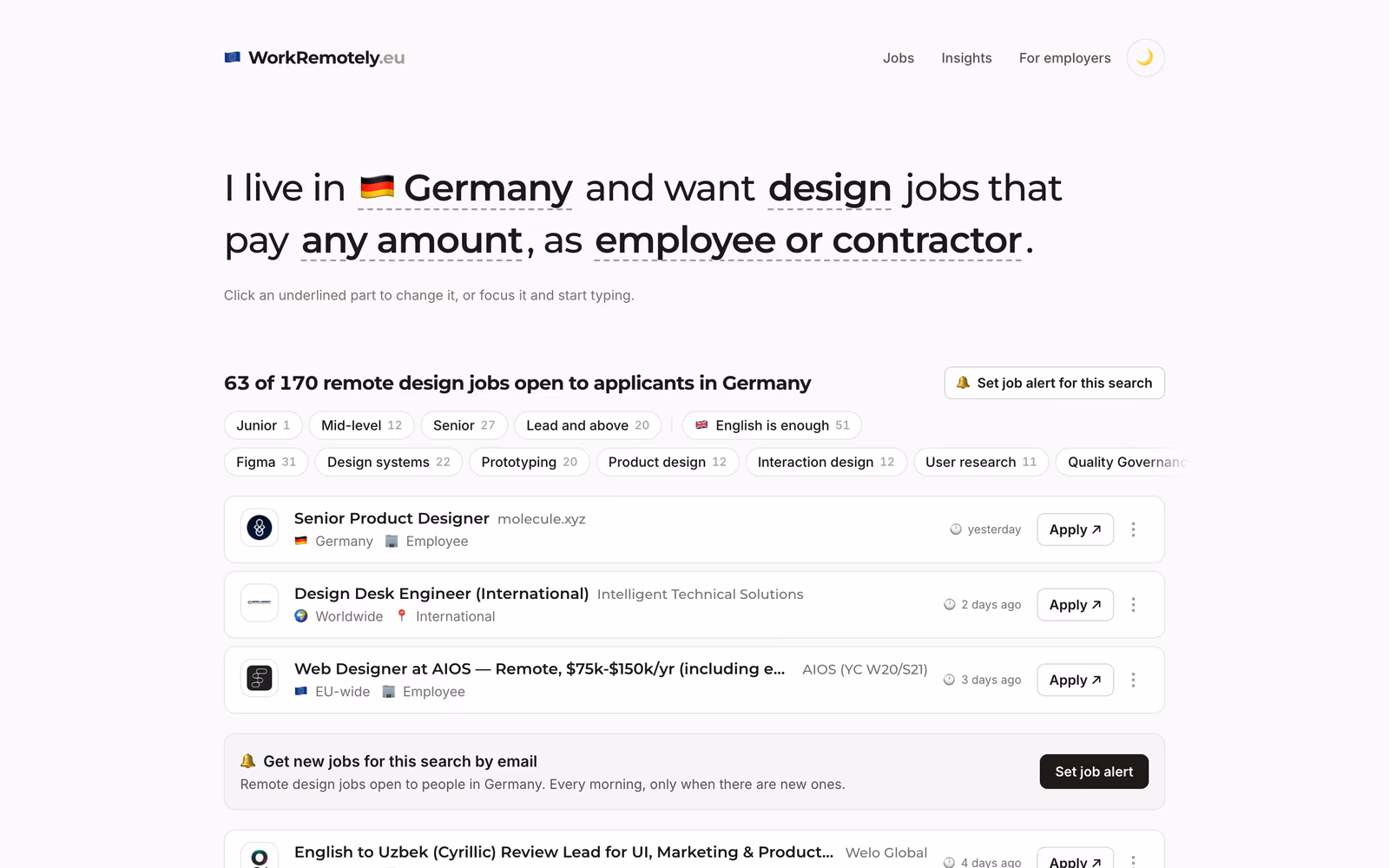The jobs page: the sentence "I live in Germany and want design jobs that pay any amount, as employee or contractor" above "63 of 170 remote design jobs open to applicants in Germany", filter chips for seniority and skills, and compact job rows with who can apply