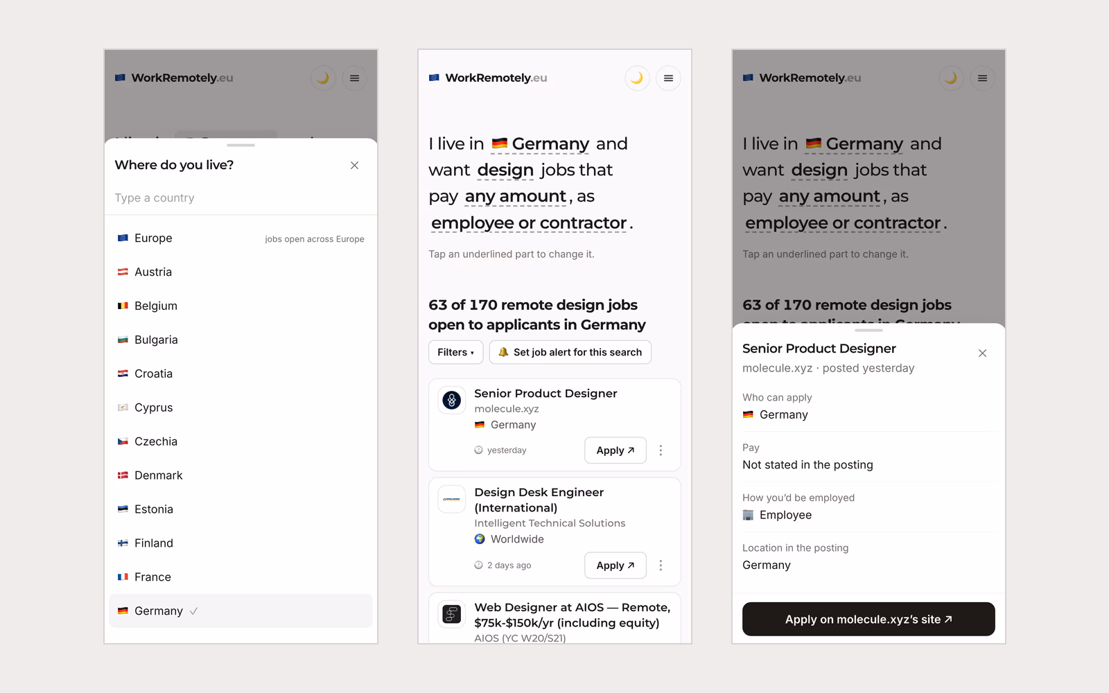 Three phone screens: the "Where do you live?" bottom sheet with a country list, the job list under the sentence search, and a job's details as a sheet with Apply at the bottom
