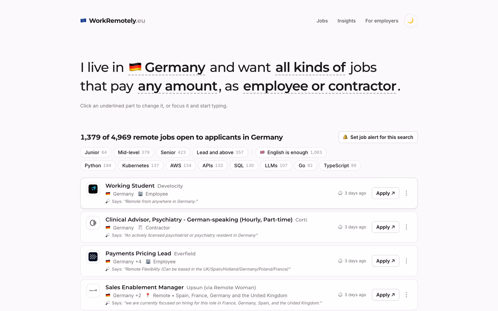 Job rows for someone living in Germany, each with a "Says:" line quoting the posting, such as "Remote from anywhere in Germany." and "Can be based in the UK/Spain/Holland/Germany/Poland/France"